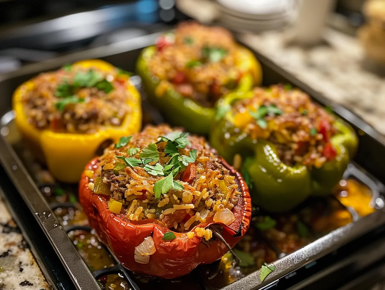 Perfectly baked stuffed bell peppers, filled and ready to eat, showcasing a delicious and nutritious family meal.