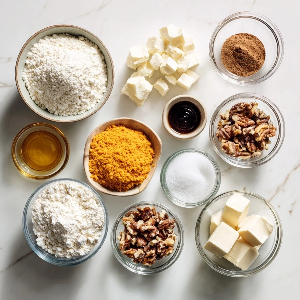 Ingredients for Pumpkin Streusel Cheesecake laid out on a wooden surface