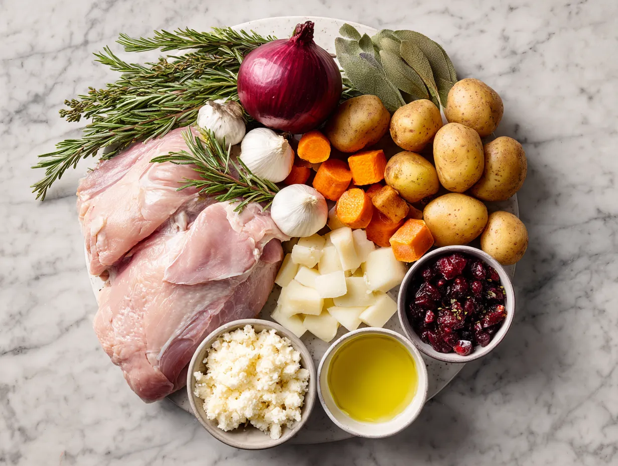 Raw ingredients for making Crockpot Stuffing including bread, vegetables, and spices