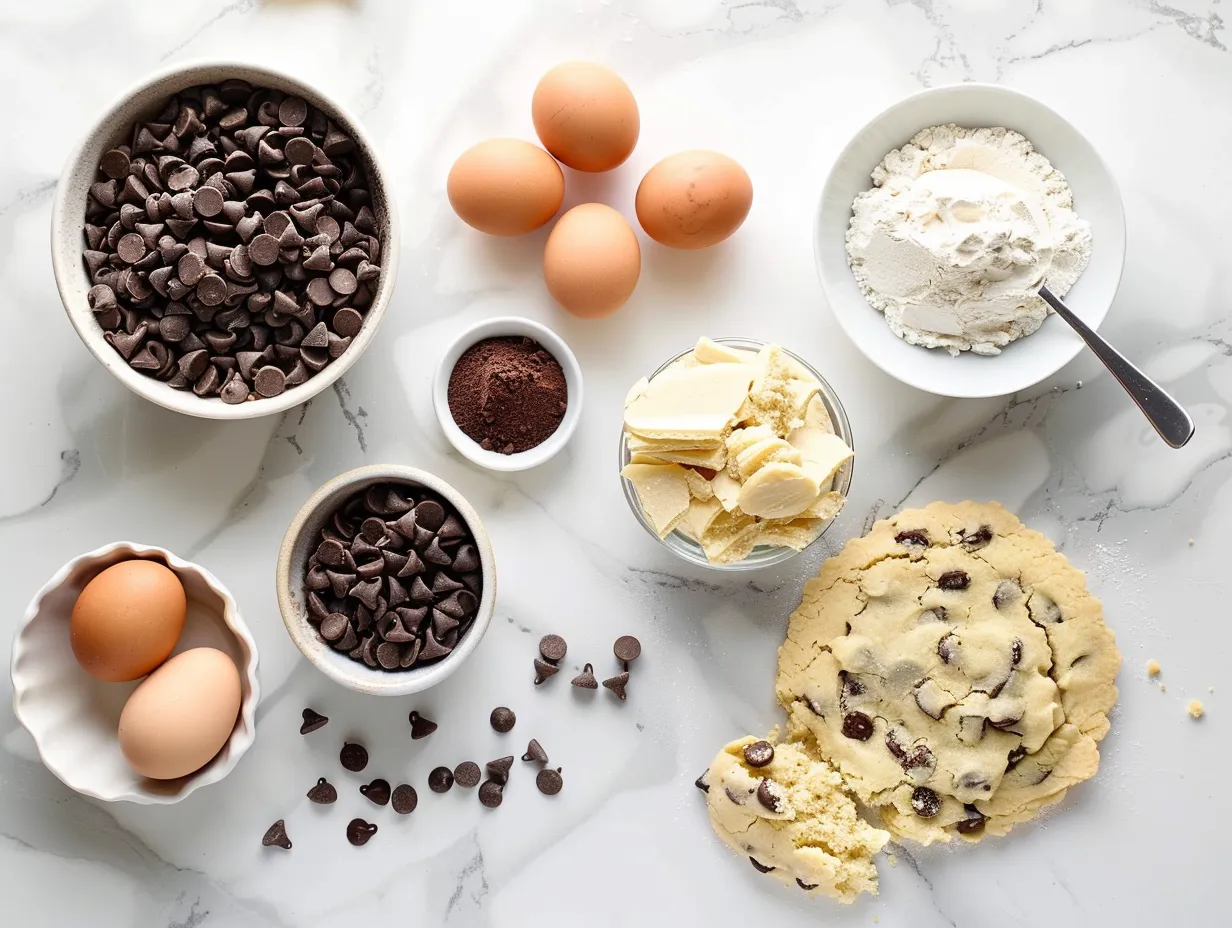 A delightful array of raw ingredients for a perfect Chocolate Chip Cookie Pie, including flour, butter, eggs, sugar, and chocolate chips, laid out on a kitchen counter.