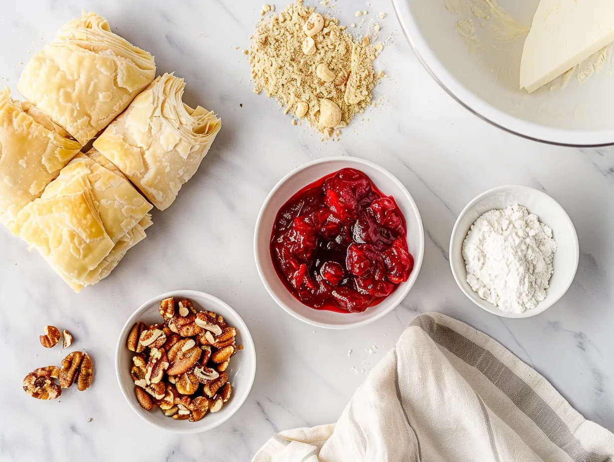 Ingredients for cranberry brie bites including puff pastry, brie cheese, cranberry sauce, pecans, honey, and an egg