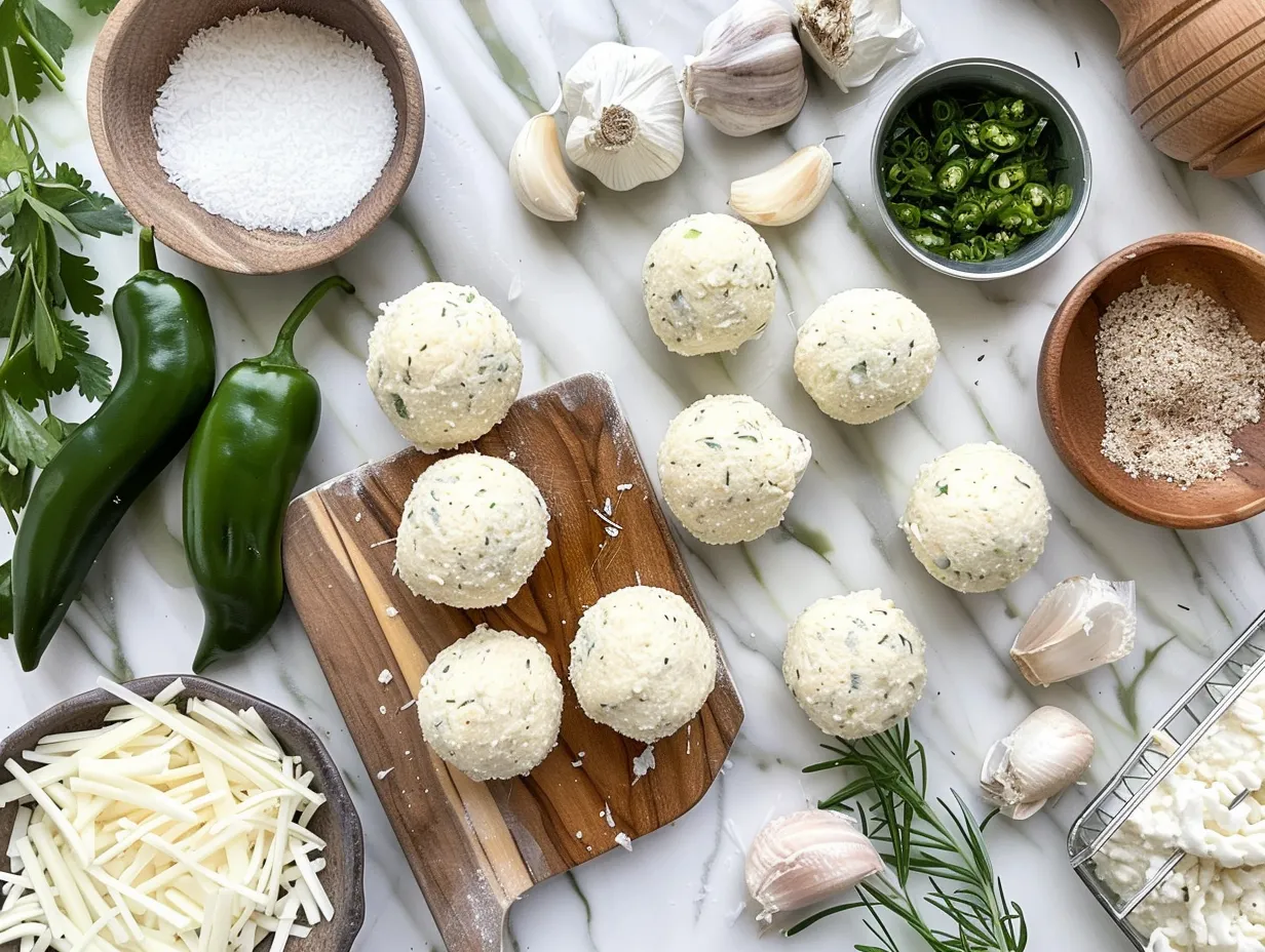 Ingredients for Bacon Jalapeno Cream Cheese Balls including cream cheese, bacon, jalapenos, and spices