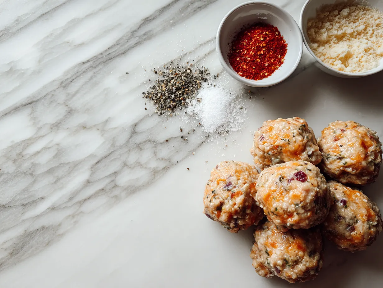 Raw ingredients for Cheesy Rotel Sausage Balls including ground sausage, Rotel, cheddar cheese, and baking mix.