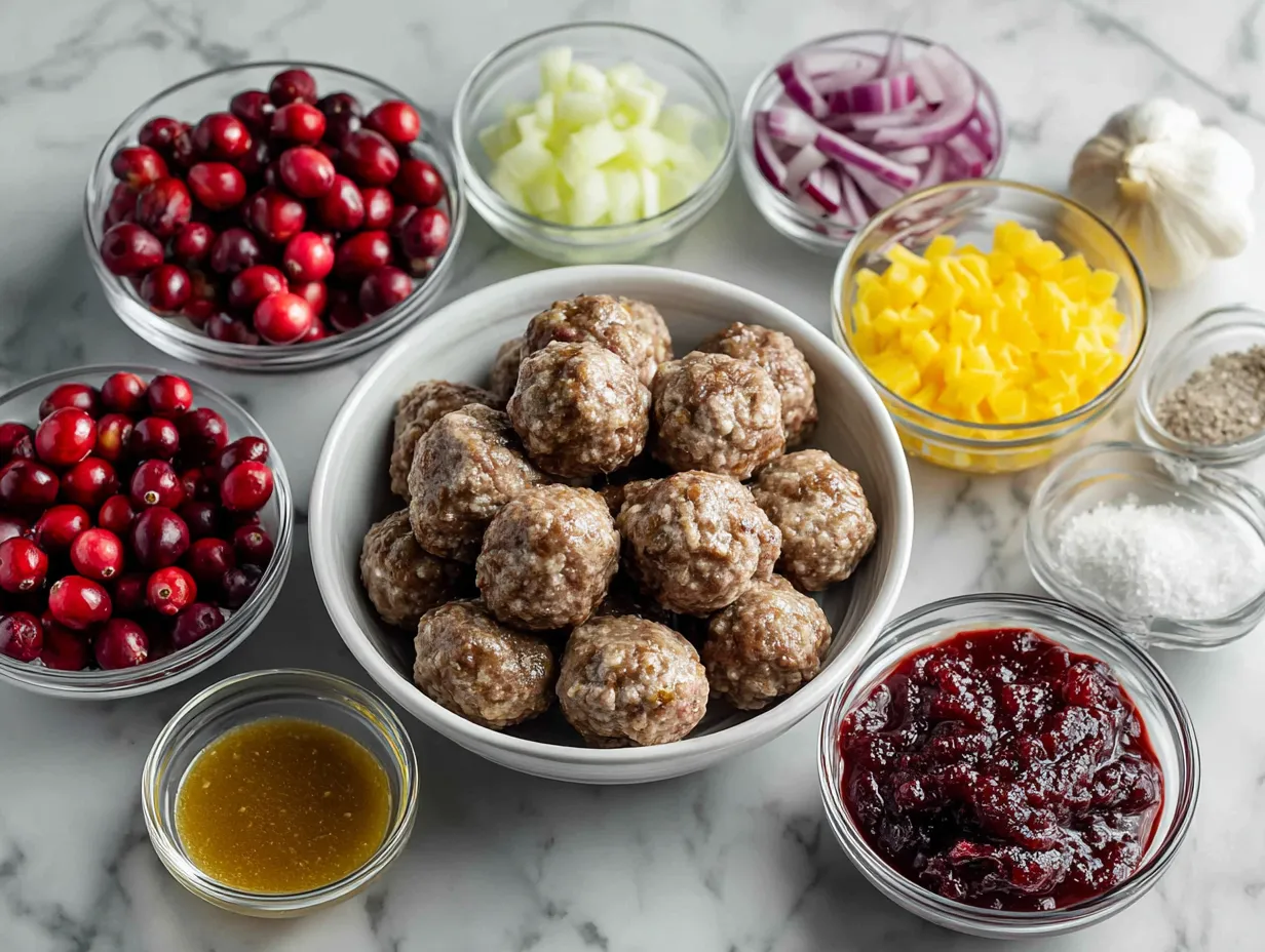 Raw ingredients for making Cranberry BBQ Crockpot Meatballs, including frozen meatballs, cranberry sauce, BBQ sauce, and spices