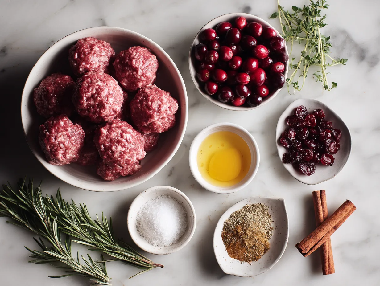 Raw ingredients for making Cranberry Meatballs, including ground turkey, breadcrumbs, and cranberry sauce.