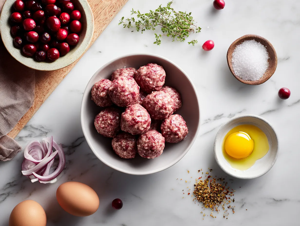 Raw ingredients for preparing cranberry turkey meatballs