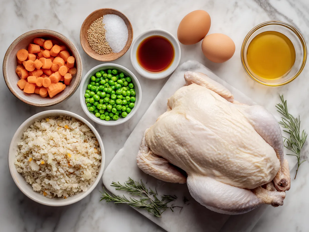 Raw ingredients for Crockpot Chicken and Stuffing including chicken breasts, stuffing mix, cream of chicken soup, and spices.