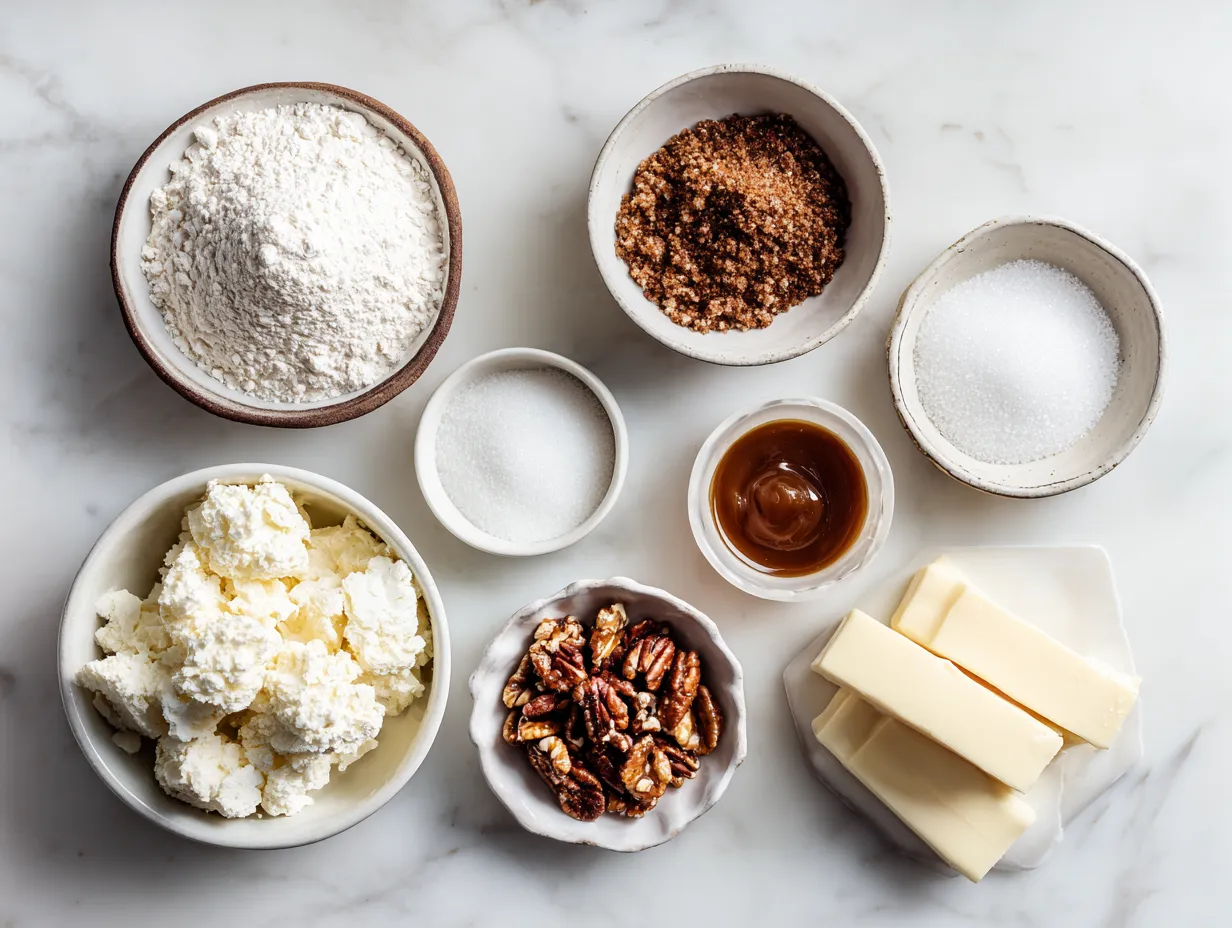 Raw ingredients for custard pie with praline sauce