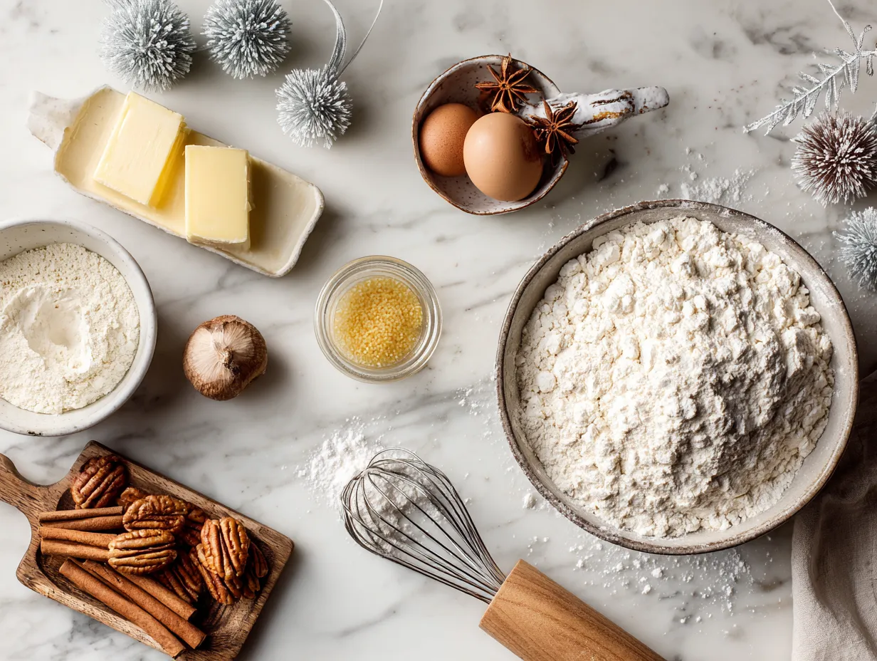 Ingredients for Easy Mini Vanilla Christmas Cakes including flour, sugar, butter, eggs, vanilla, milk, baking powder, salt, and sprinkles