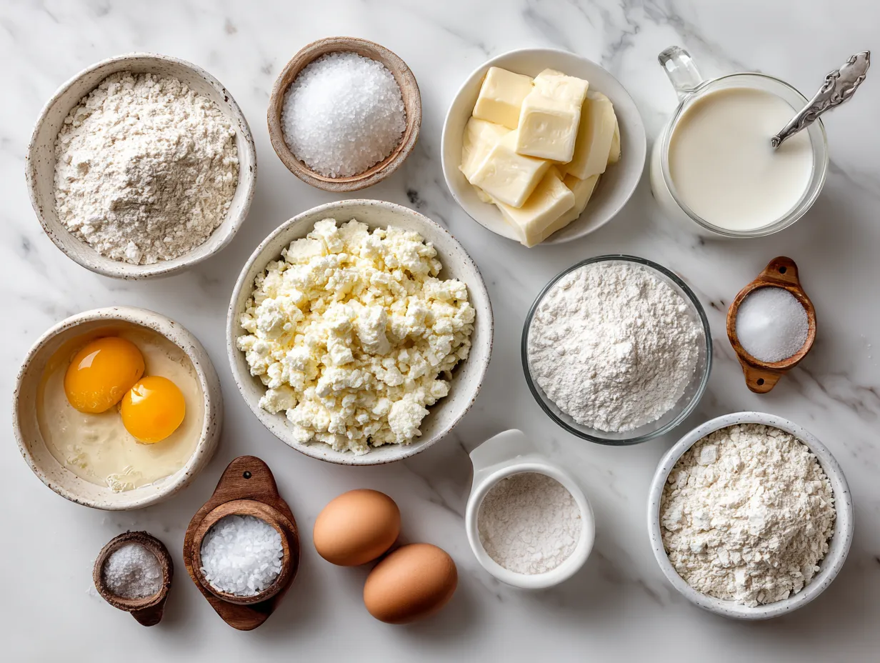 Raw ingredients for making Egg Hashbrown Casserole, including hashbrowns, eggs, cheese, and vegetables