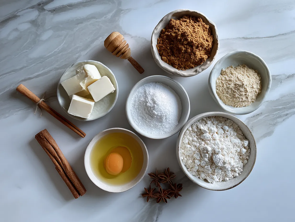 A flat lay of raw ingredients for gingerbread cookies, including flour, spices, butter, sugar, and molasses, arranged on a white marble surface.