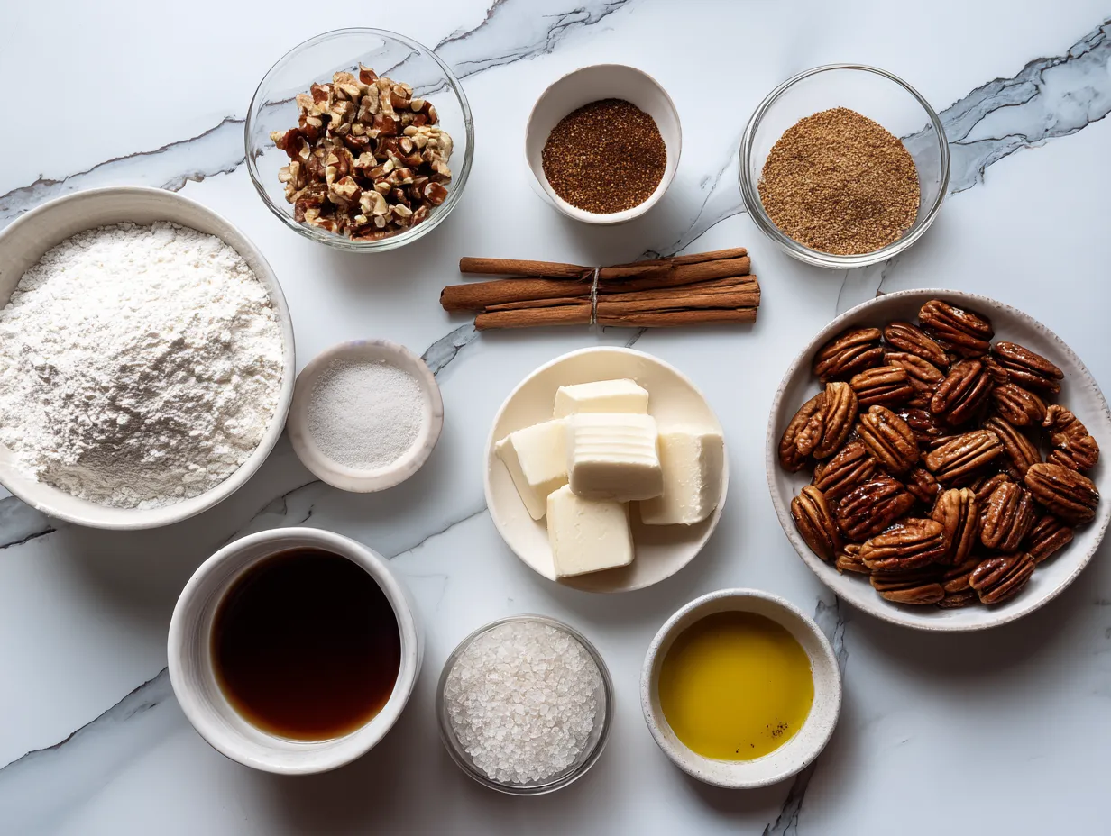 Raw ingredients for making Gooey Pecan Pie Bars, including flour, butter, pecans, and sugar.