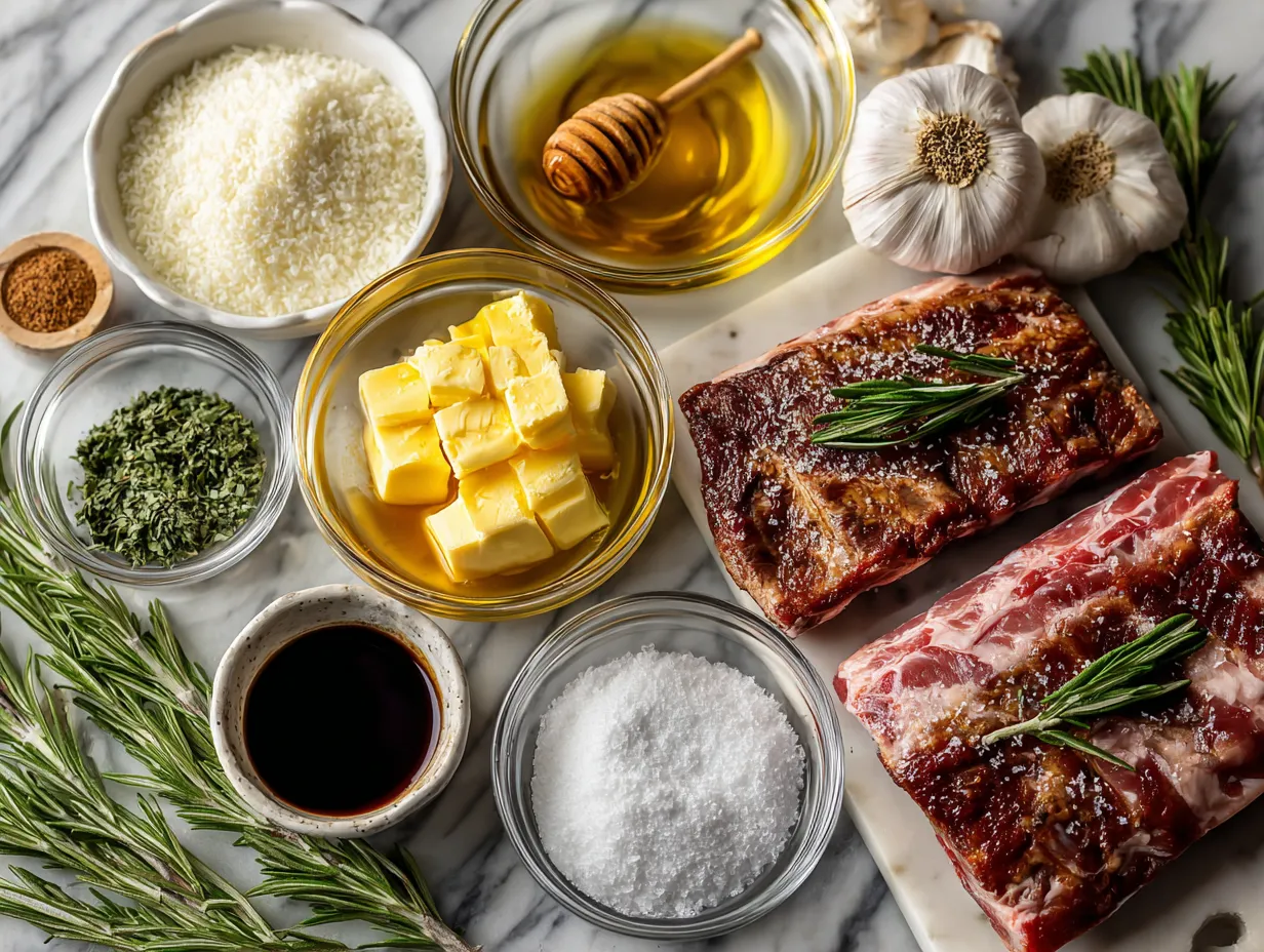 Raw ingredients for Grilled Baby Back Ribs Recipe, including ribs, olive oil, and spices.