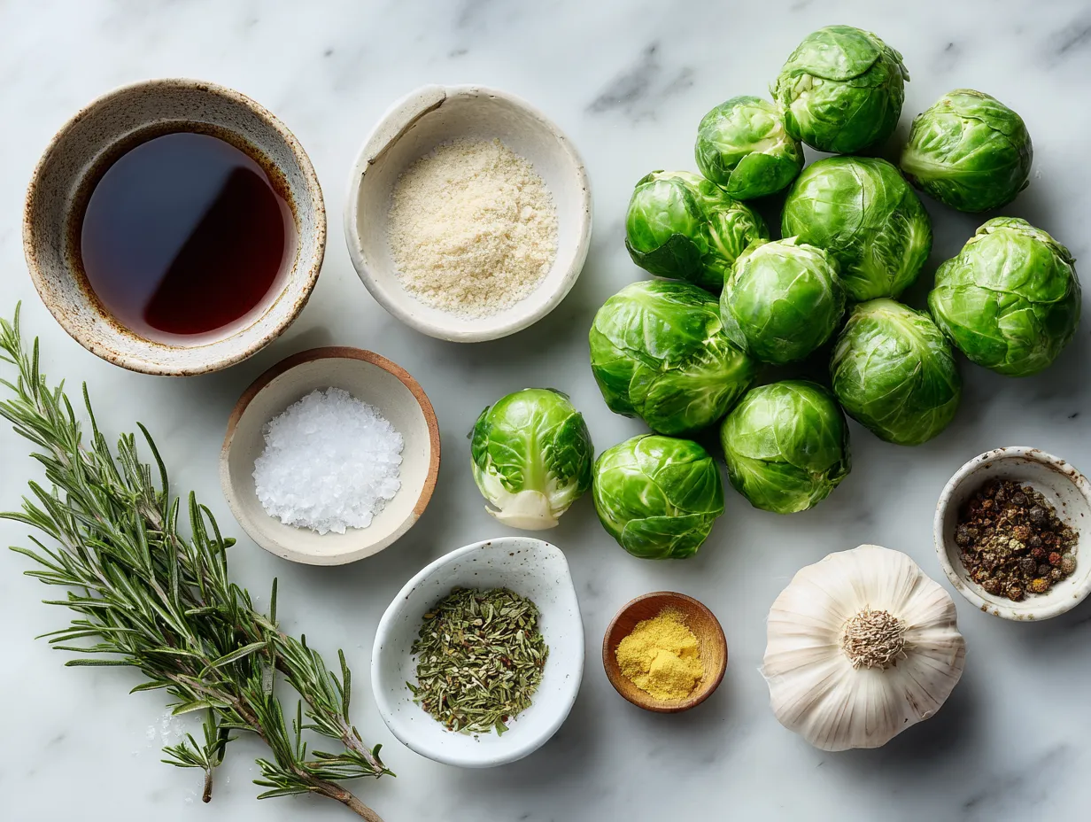 Raw ingredients for making Maple Glazed Brussel Sprouts, including Brussel sprouts, maple syrup, balsamic vinegar, and spices.