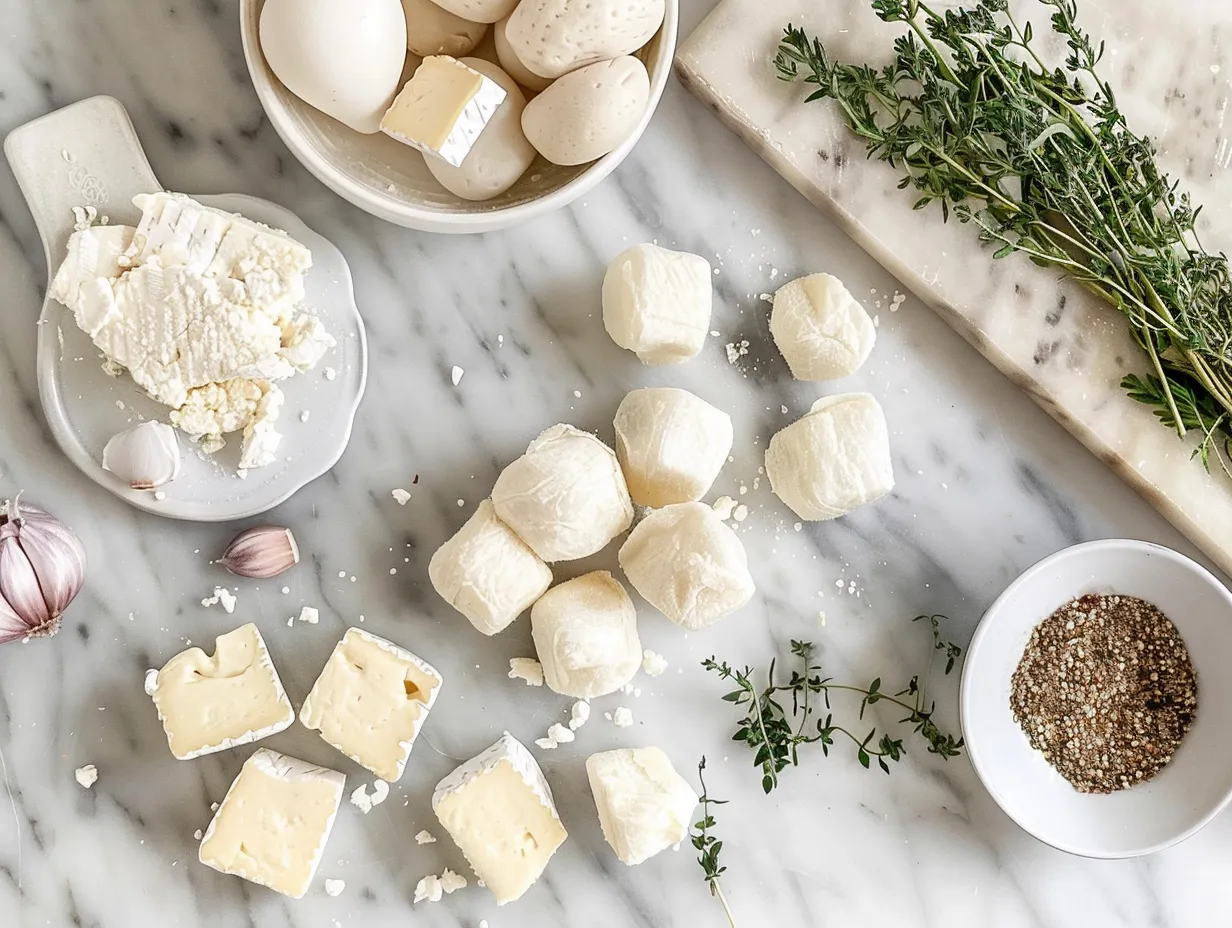 Raw ingredients for making Puff Pastry Brie Bites including puff pastry, brie cheese, cranberry sauce, pecans, honey, and an egg.