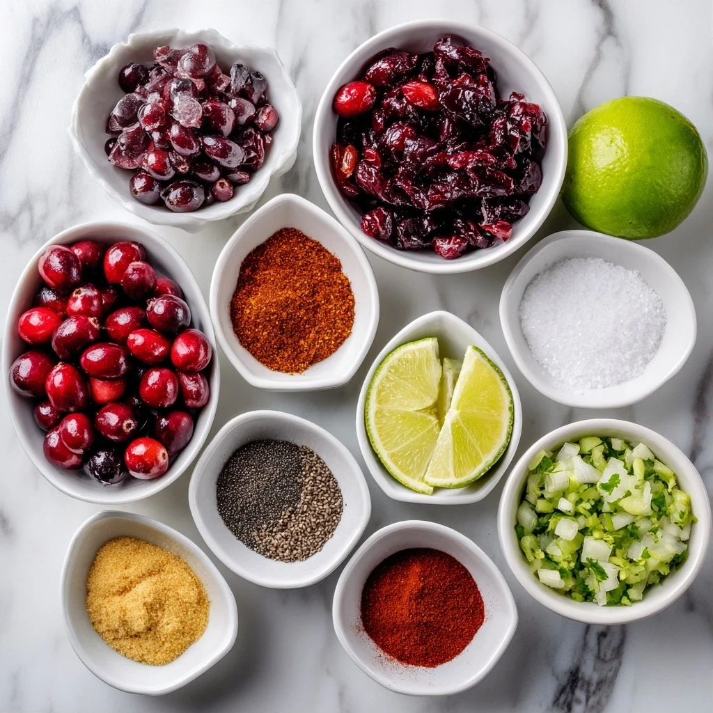 Raw ingredients for preparing spicy cranberry salsa: cranberries, red onion, jalapeno, cilantro, lime, honey, and salt.