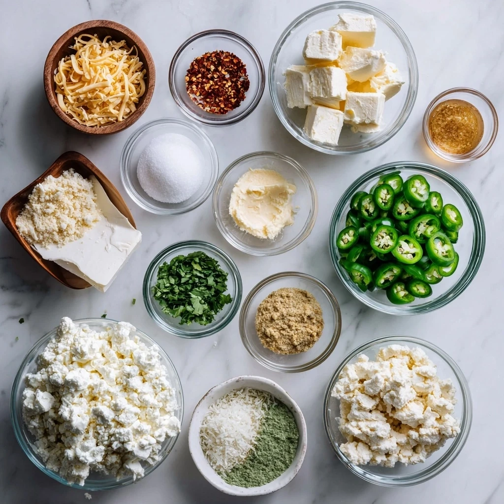 Ingredients for making a Spicy Jalapeño Popper Cheese Ball including cream cheese, cheddar cheese, jalapeños, and spices
