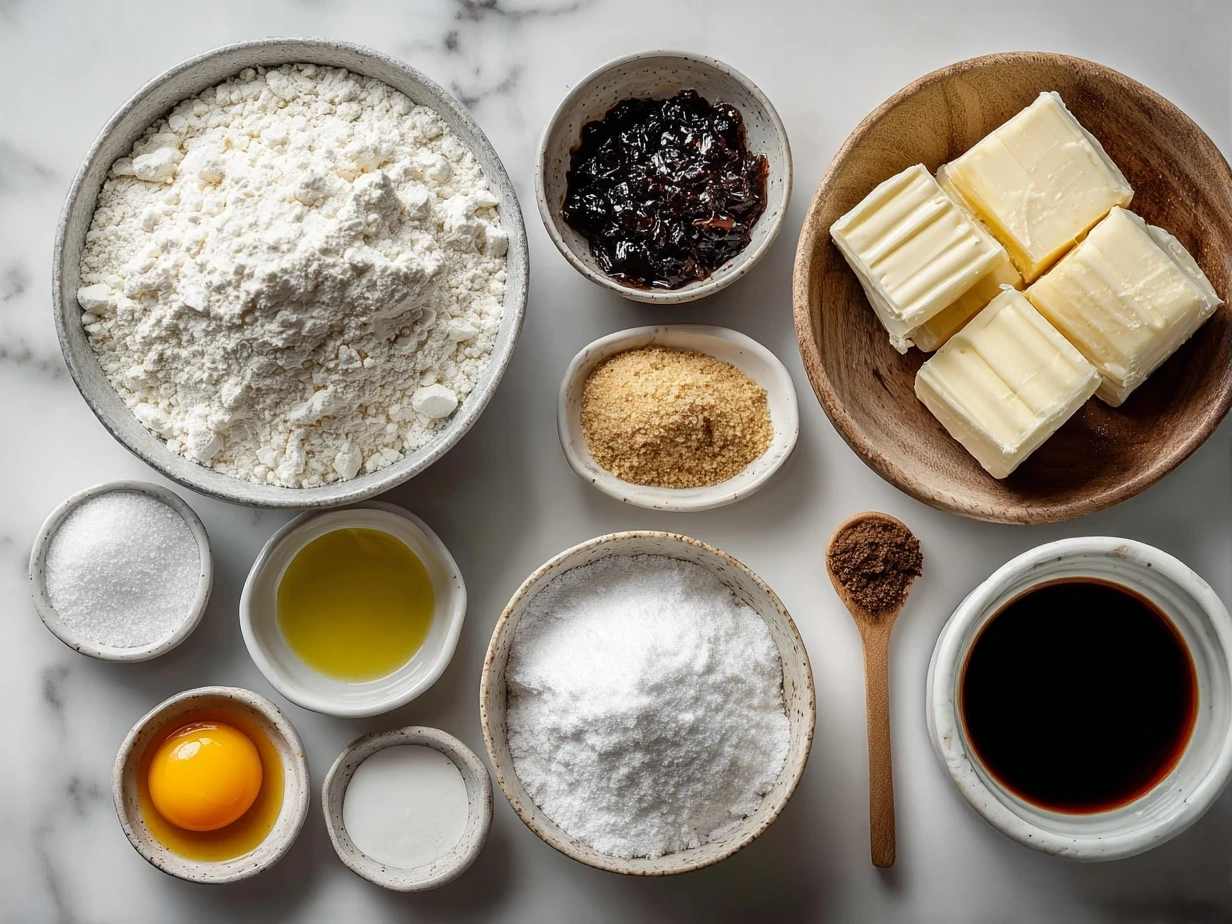 A selection of the ingredients needed to make stained glass cookies including butter, sugar, flour, eggs, and hard candies.