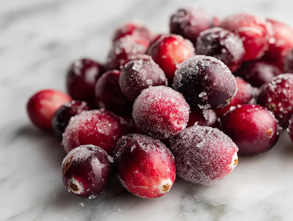 Ingredients for sugared cranberries, including fresh cranberries, granulated sugar, water, and vanilla extract, laid out on a wooden surface.