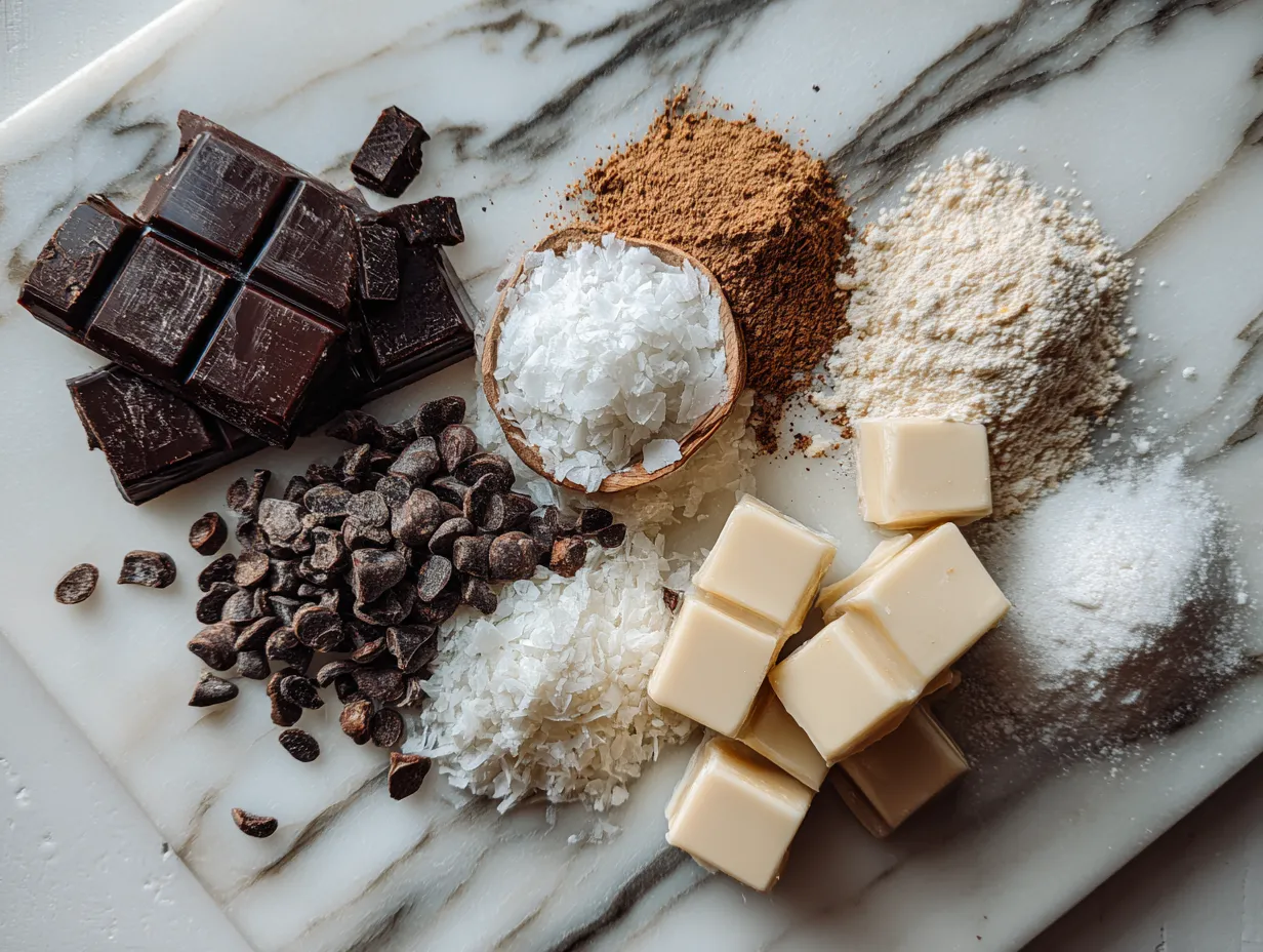 Ingredients for making Triple Chocolate Pie: chocolate, cream, butter and cookie crumbs.