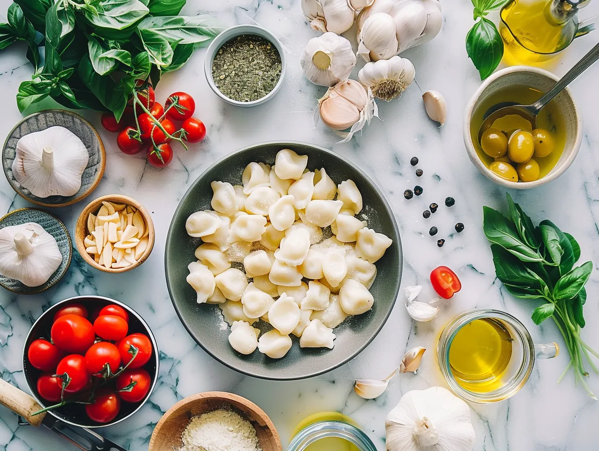 Raw ingredients for Tuscan Chicken Gnocchi Bake arranged on a white marble surface