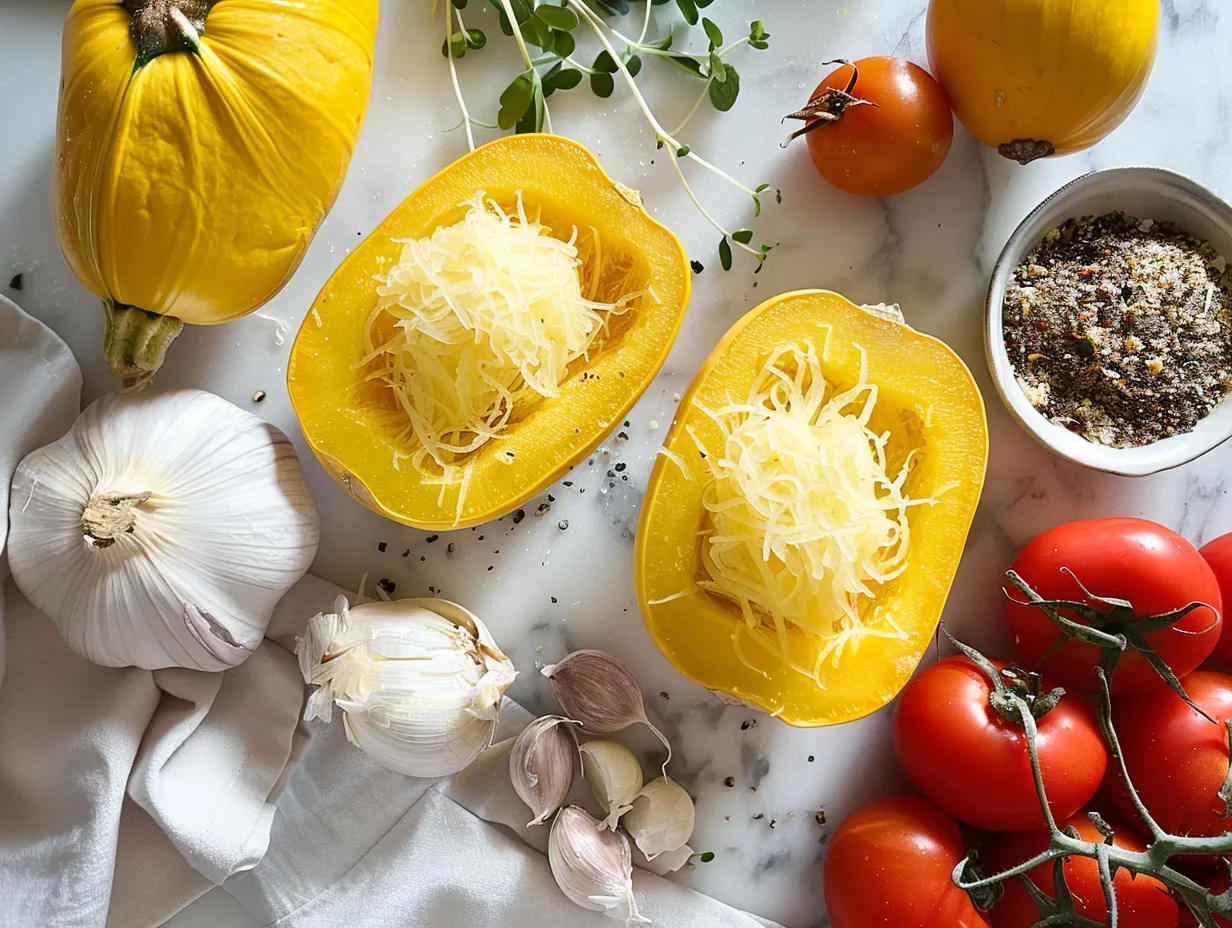 Raw spaghetti squash and recipe ingredients on a marble surface