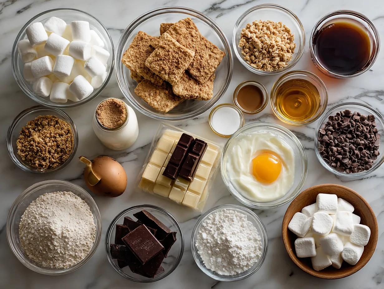 Smores Pie ingredients laid out in individual bowls and measuring cups ready to be combined.