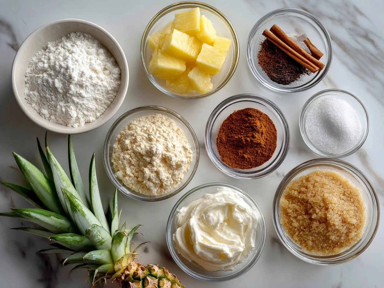 Ingredients for Pineapple Cowboy Candy including pineapple, sugar, jalapenos, and spices.