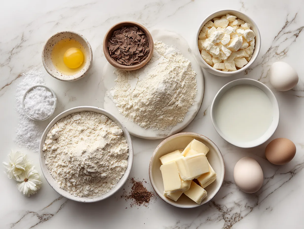 Ingredients for soft sugar cookies, including butter, sugar, eggs, and flour, arranged on a marble surface.