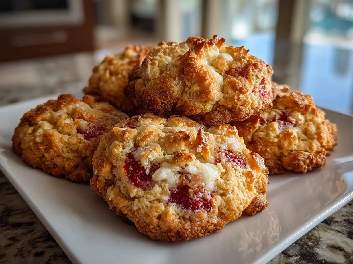 Finished Strawberry Crunch Cookies on a plate, showing their pink hue and crunchy topping.