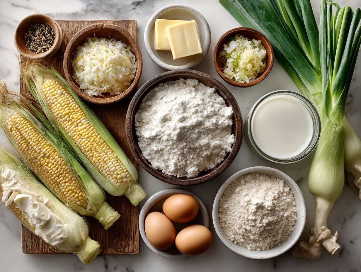 Ingredients for Sweet Corn Spoonbread Casserole including canned corn, cornmeal, sour cream, and eggs