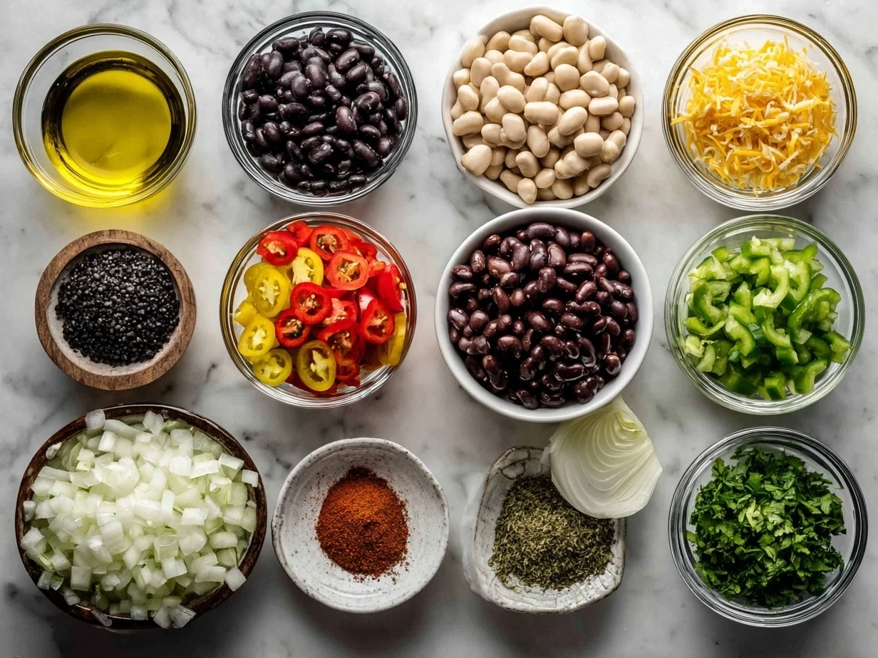 Ingredients for Texas Caviar recipe: black eyed peas, black beans, corn, red bell pepper, red onion, jalapeno, cilantro, red wine vinegar, olive oil, lime juice, cumin, chili powder, salt, and pepper