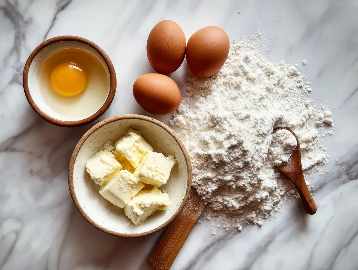 Raw ingredients for buffalo chicken dip arranged on a marble surface, including chicken, cream cheese, Greek yogurt, buffalo sauce, blue cheese dressing, celery, and green onions.