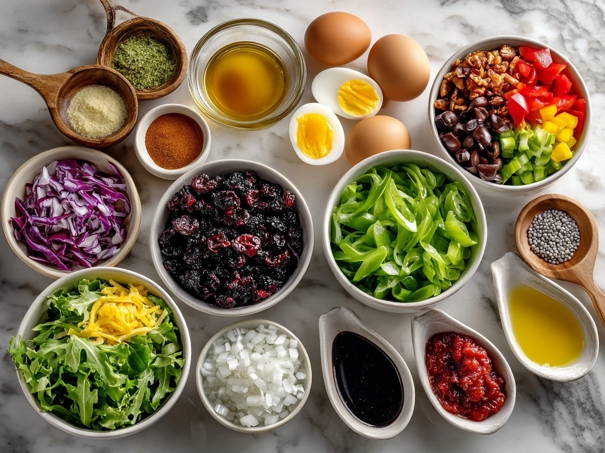 Top down view of fresh ingredients for Christmas Salad with Honey Mustard Dressing