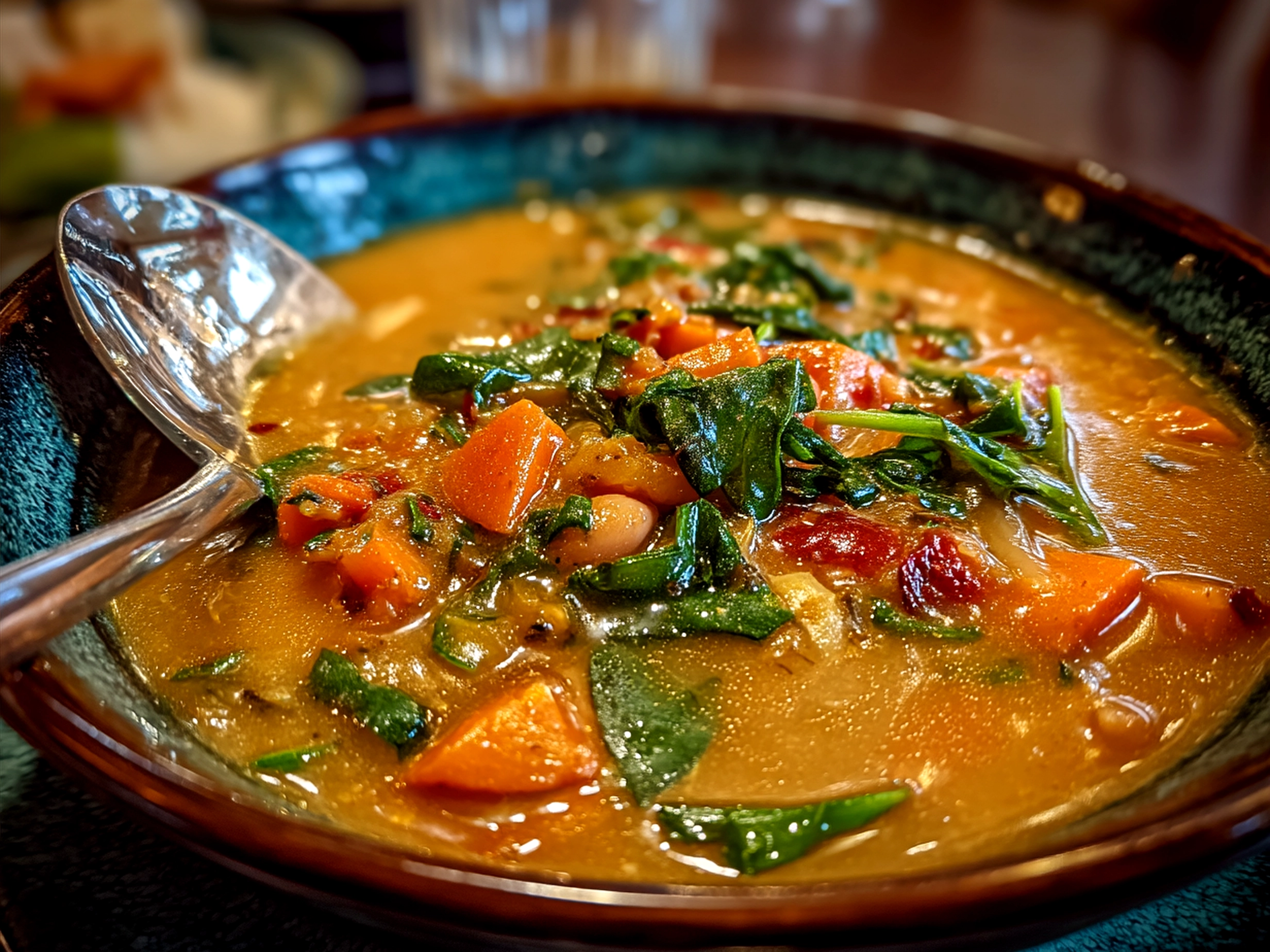 Bowl of African Peanut Soup garnished with cilantro and accompanied by bread
