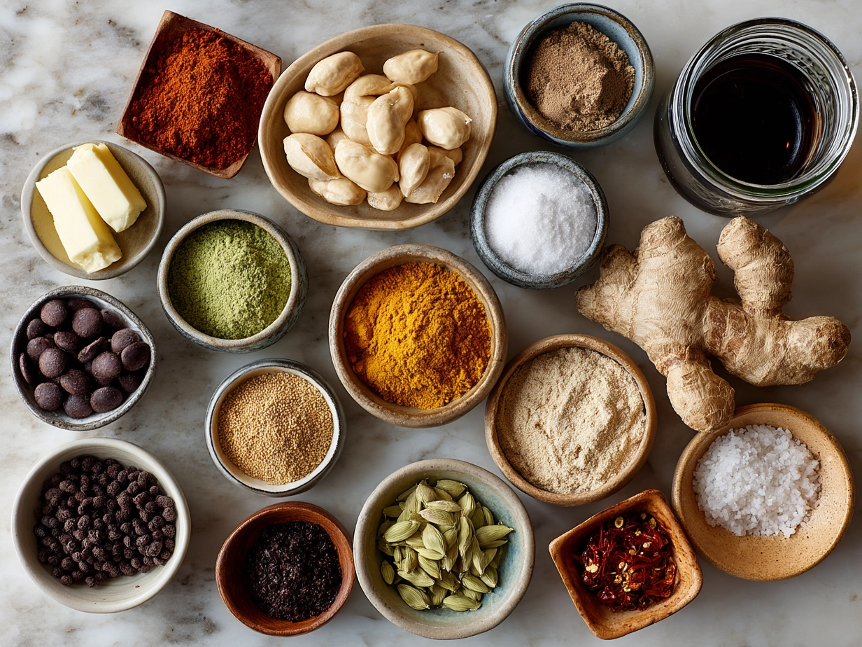 Ingredients for African Peanut Soup laid out on a kitchen counter including peanuts, sweet potatoes, tomatoes, and spices