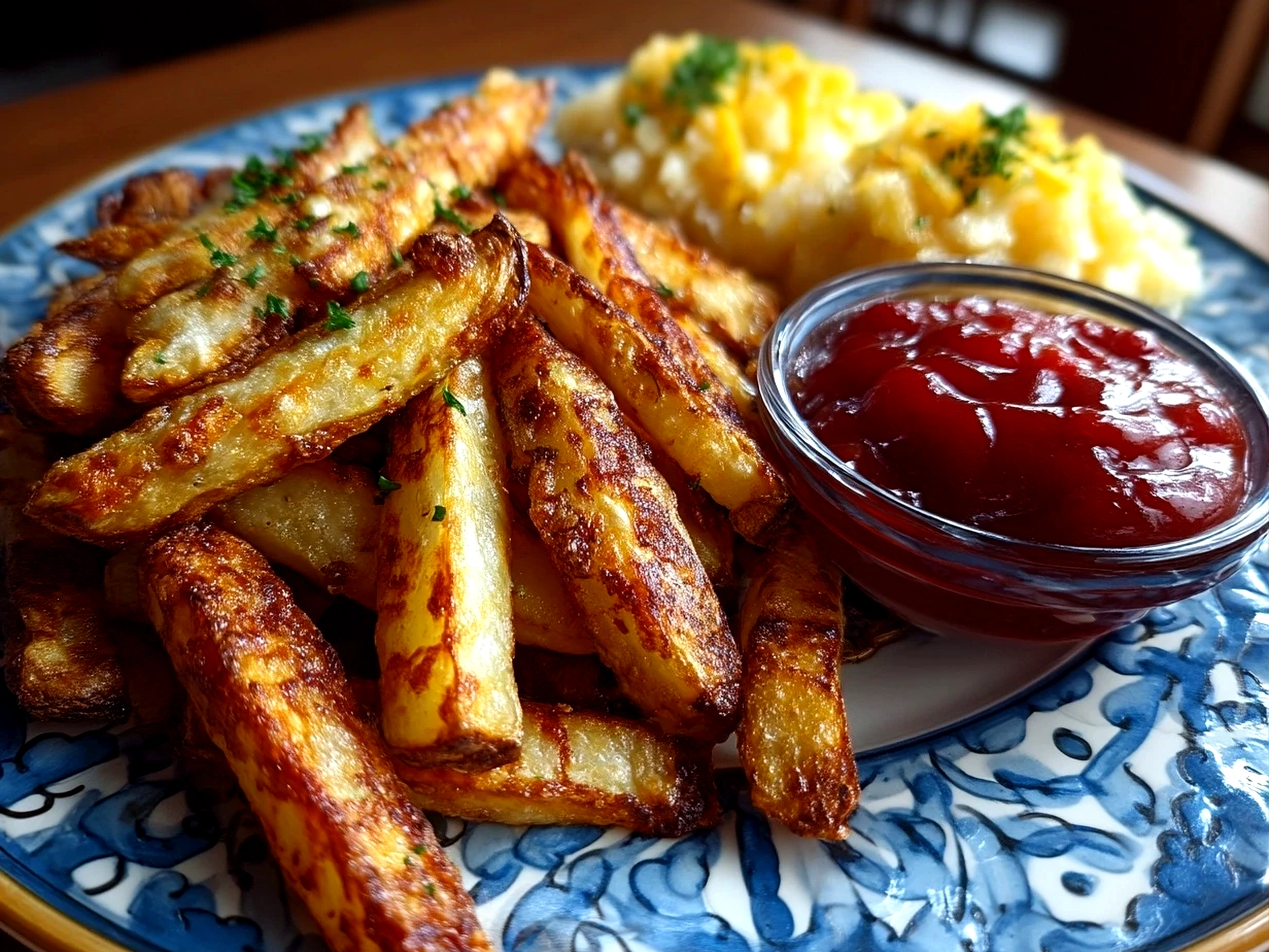Golden crispy air fryer fries served on a plate alongside healthy dinner sides