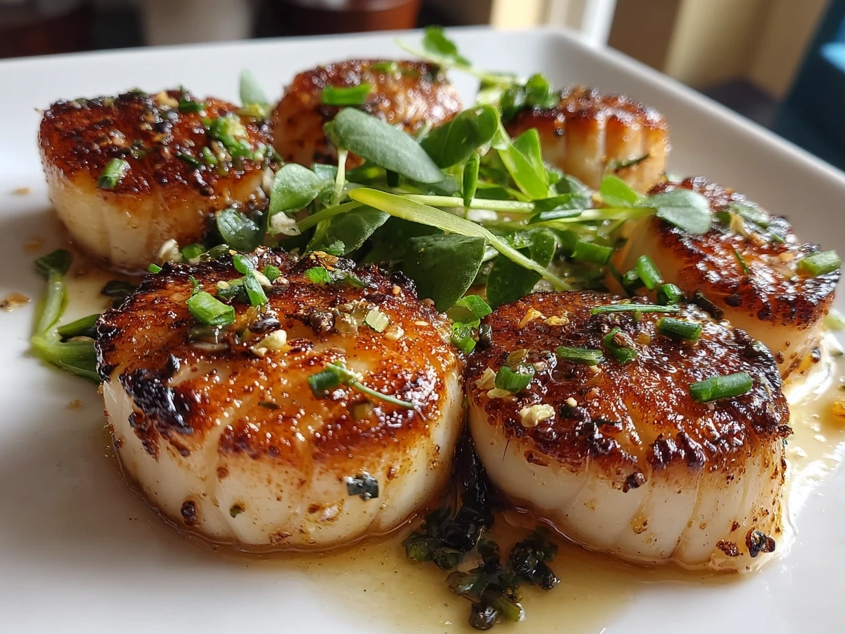 Plated Air Fryer Sea Scallops served with lemon wedges and fresh parsley.