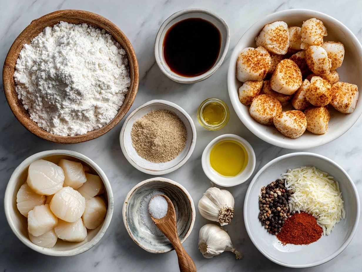 Ingredients for Air Fryer Sea Scallops including sea scallops, olive oil, garlic powder, paprika, salt, pepper, lemon wedges, and fresh parsley.
