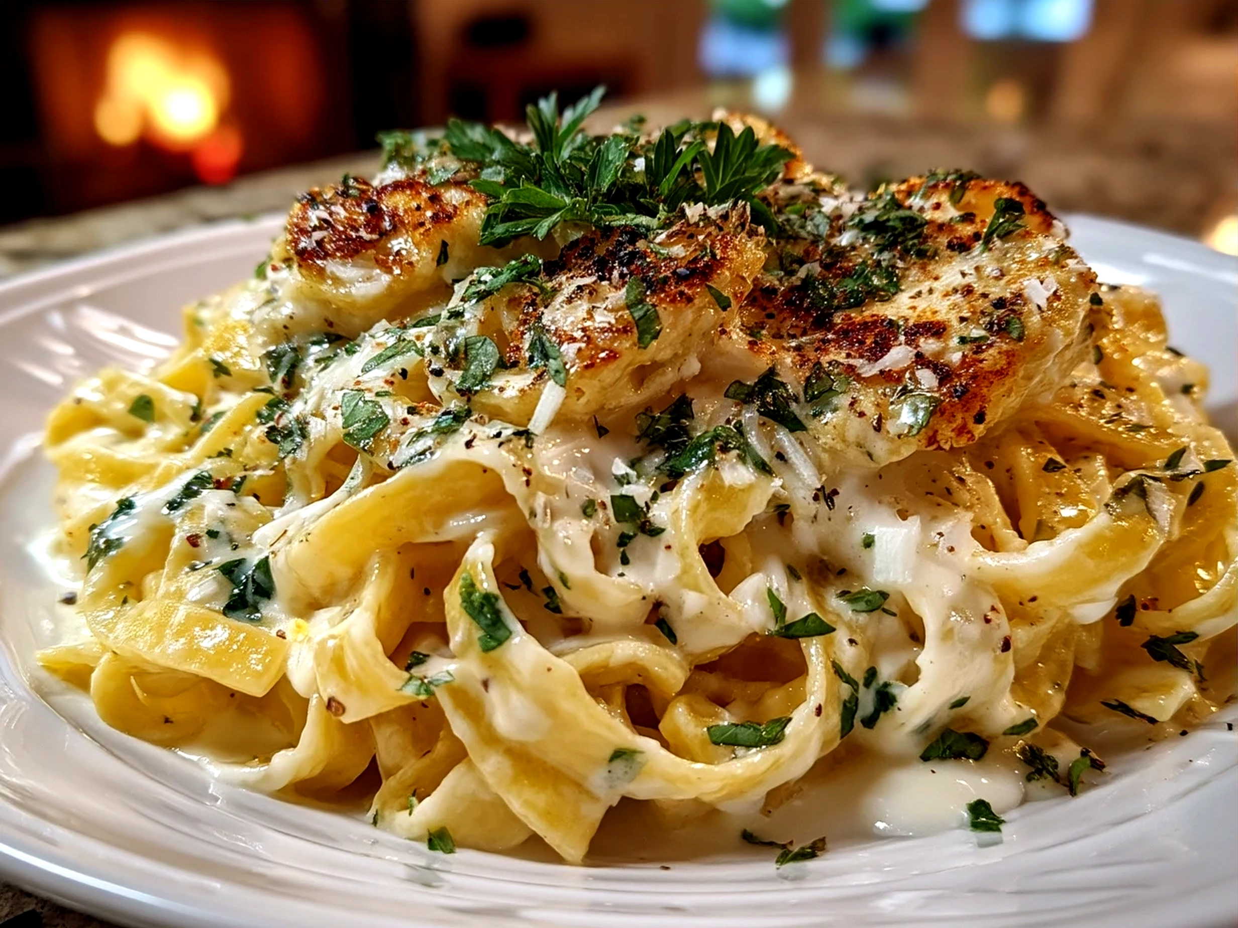 Creamy Alfredo Sauce served on pasta garnished with parsley