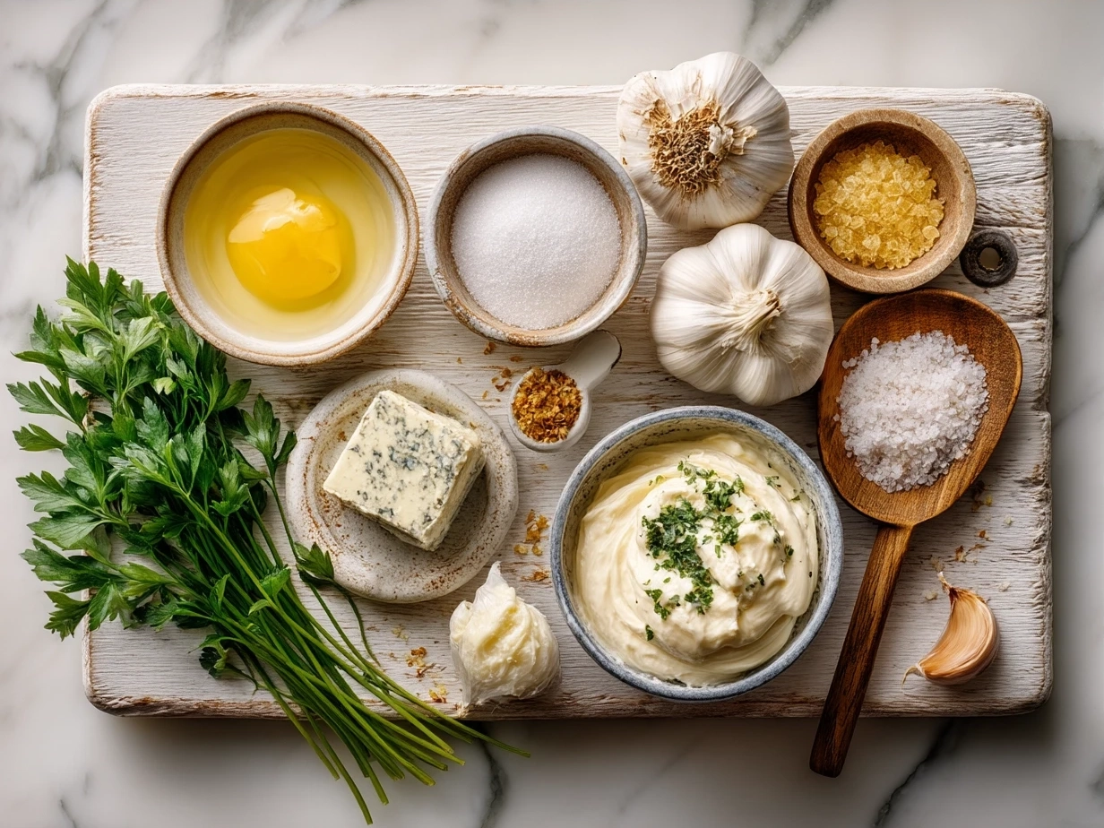 Ingredients for homemade Alfredo Sauce including cream, butter, parmesan cheese, and garlic