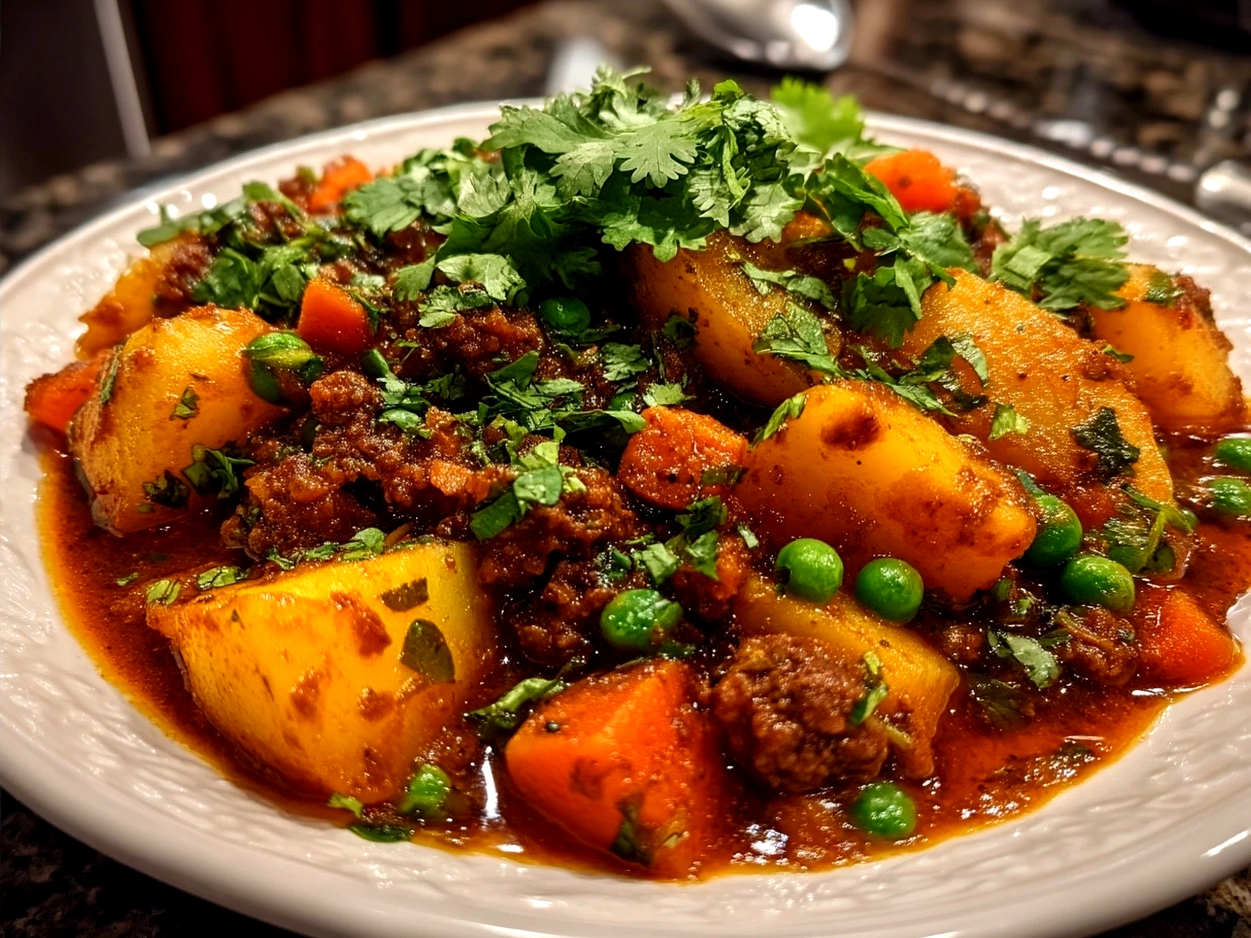 Serving of Aloo Keema Curry with basmati rice garnished with fresh cilantro