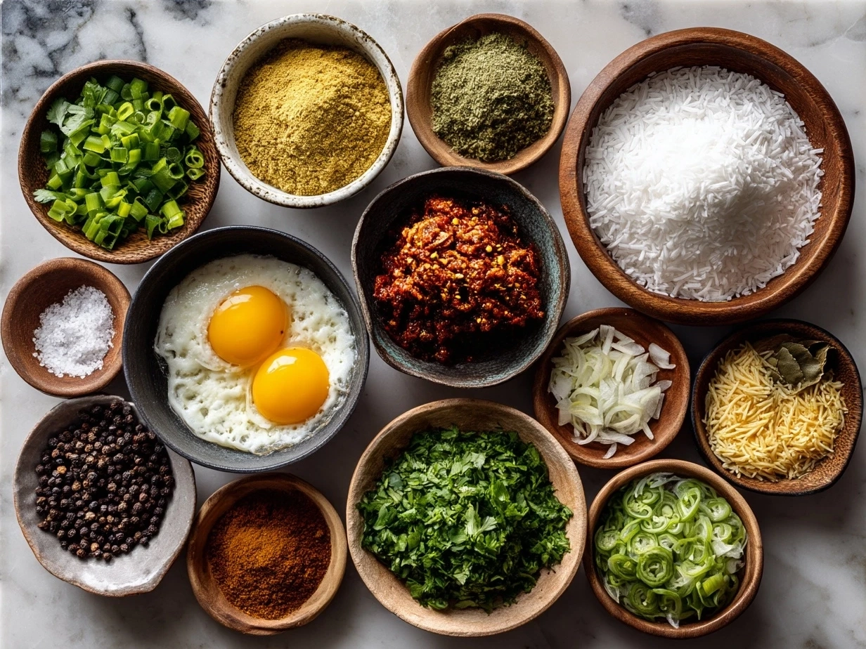 Ingredients for Aloo Keema Curry including minced meat, potatoes, spices, and vegetables