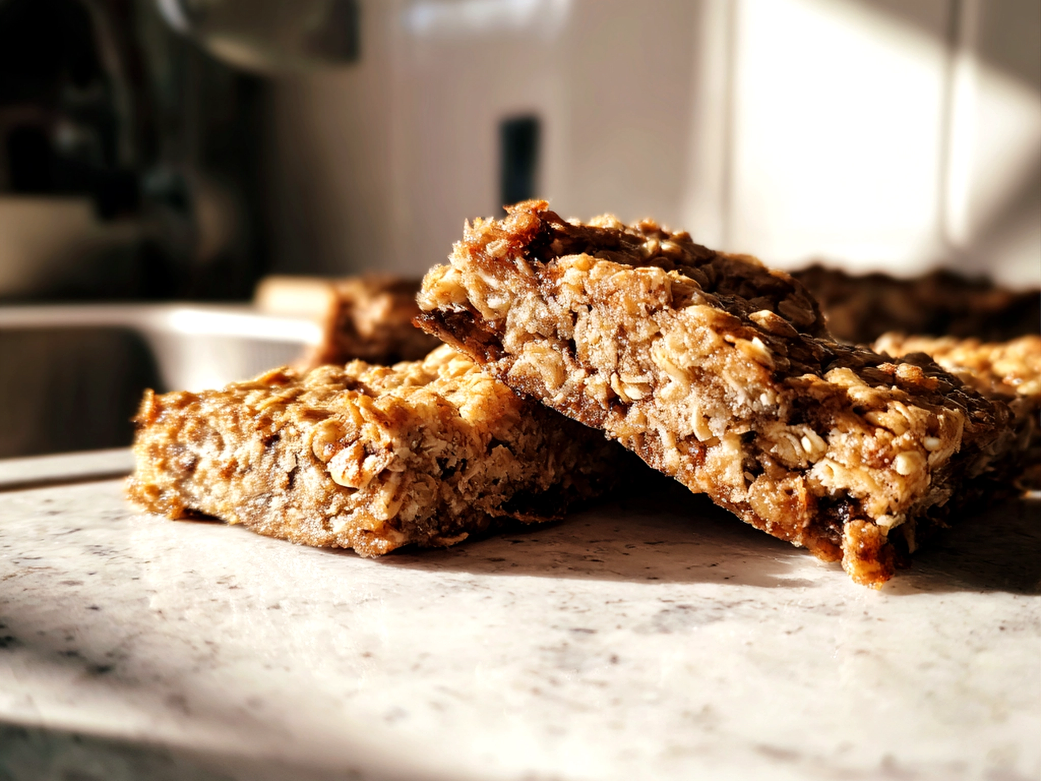 Close up of finished comforting banana oatmeal bars, hearty and comforting.