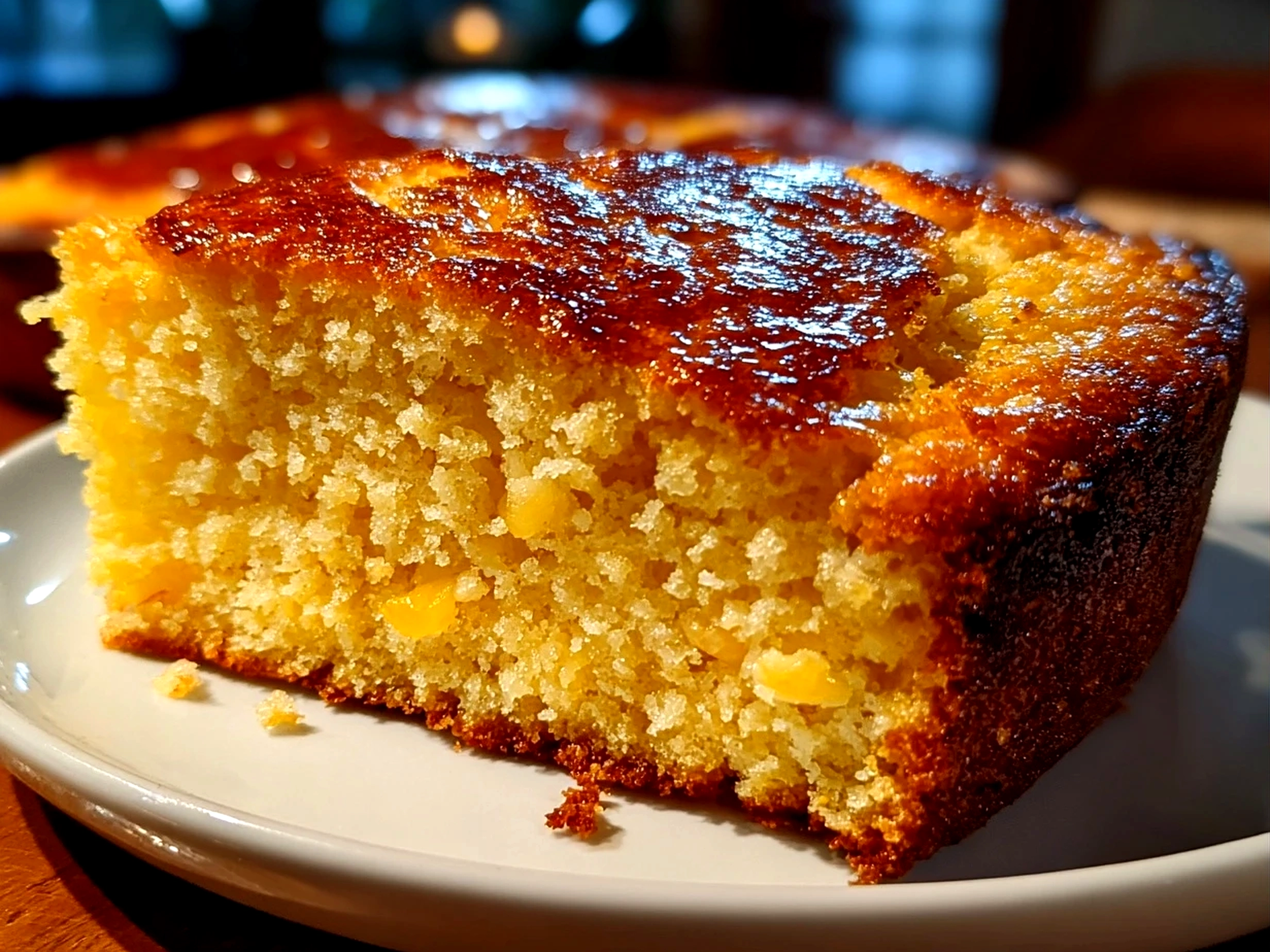 Amateur kitchen, taken with iPhone 14 Pro. Close-up slight angle of fresh homemade Southern Cornbread on white plate. Mouthwatering --ar 4:3 --style raw --s 240