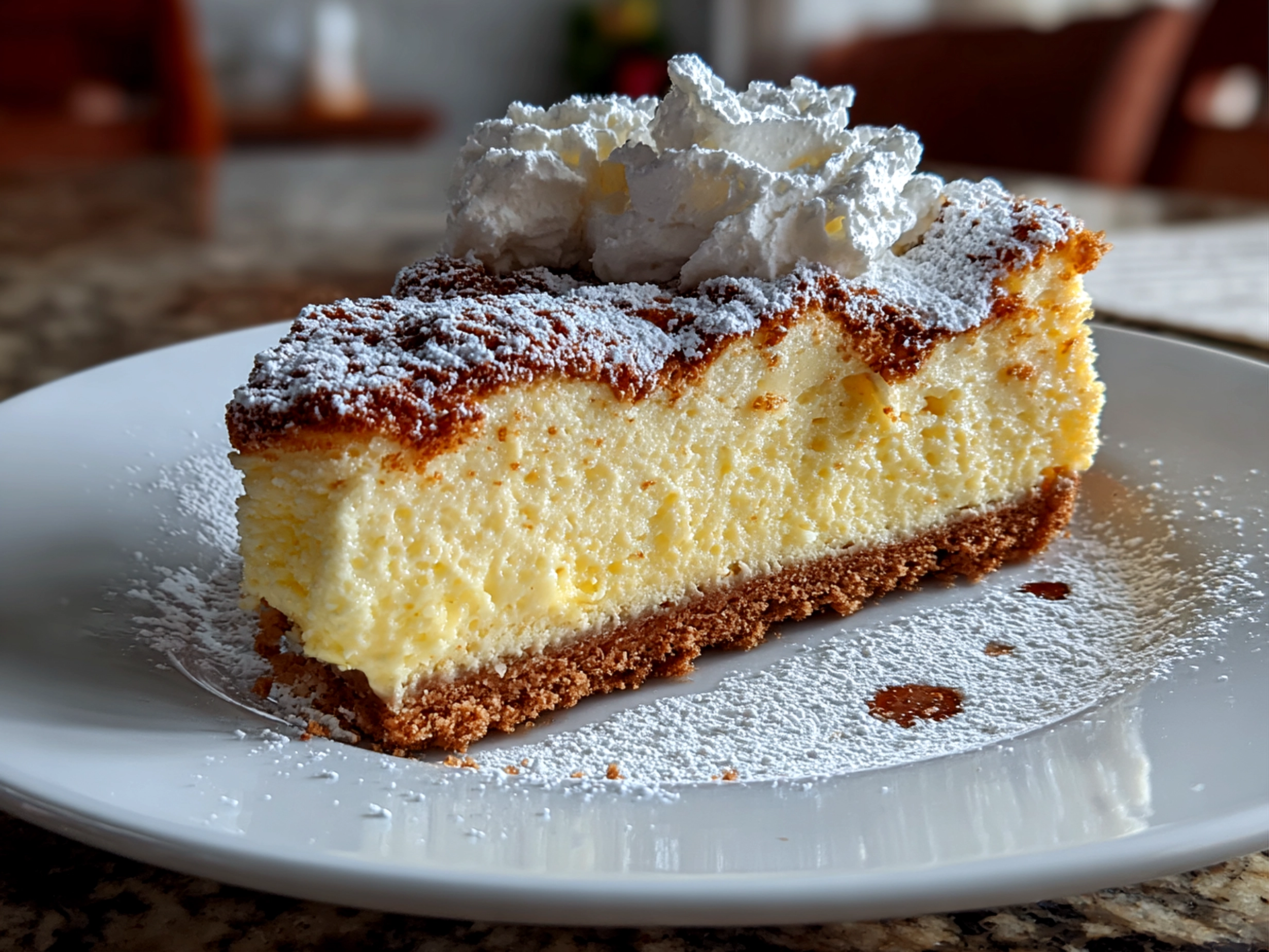 amateur kitchen, taken with iPhone 14. Close-up slight angle of freshly prepared Polish Sernik on white plate. rich inviting --ar 4:3 --style raw --s 240