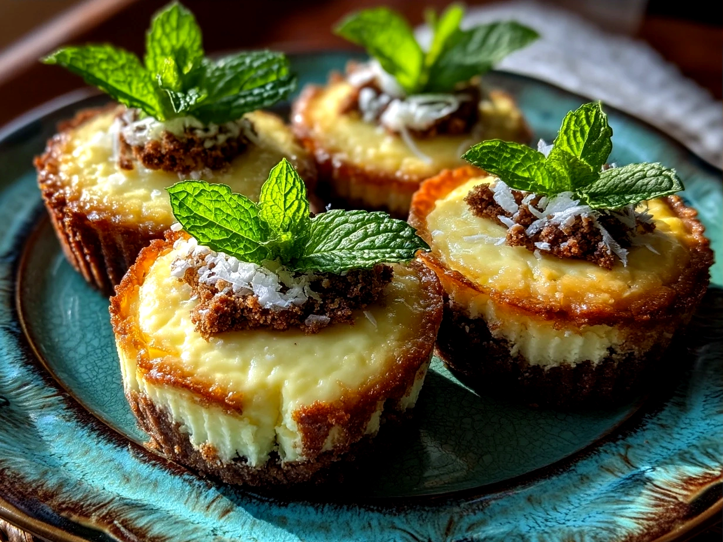 Finished Andes Mint Mini Cheesecakes served on a dessert plate ready to enjoy