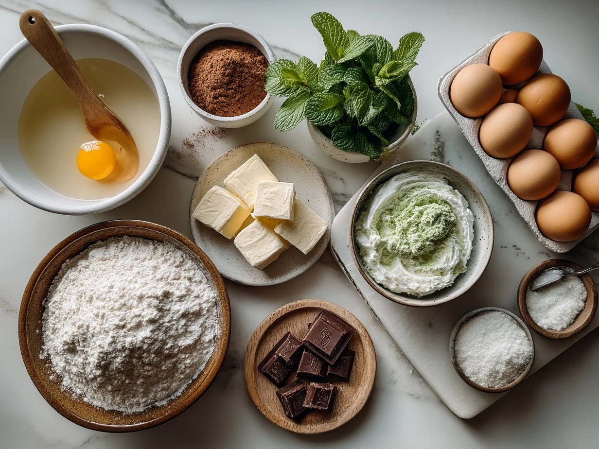Ingredients for Andes Mint Mini Cheesecakes laid out on a table