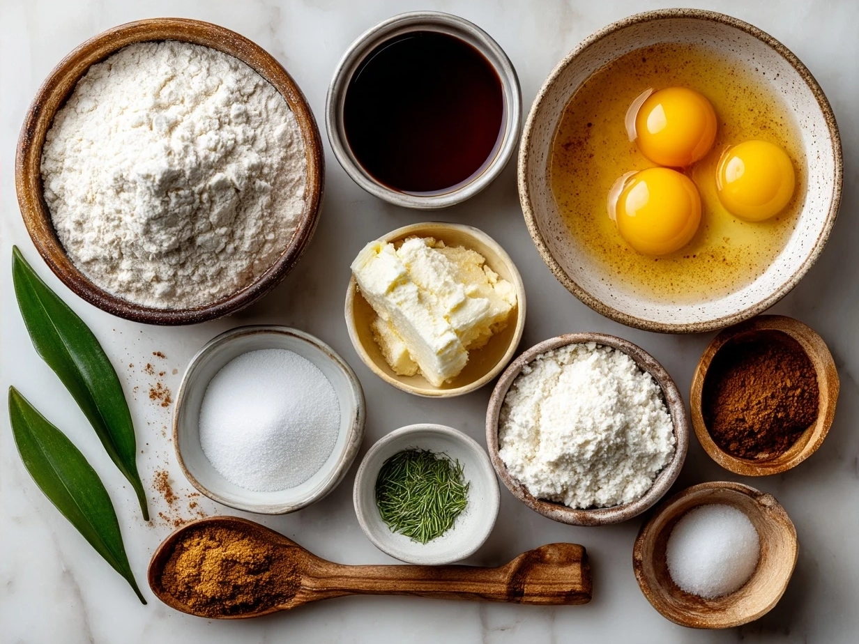 Ingredients for a wholesome applesauce cake laid out on a kitchen counter