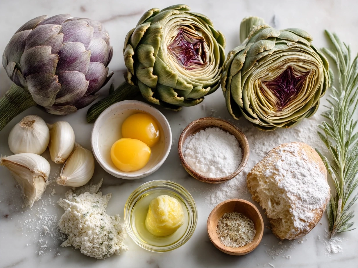 Ingredients laid out for an Artichoke Sandwich including artichoke hearts, Greek yogurt, whole grain bread, tomato, and spinach.
